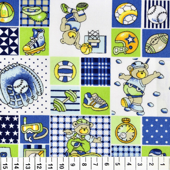 Tricoline estampada infantil urso esportes 100%algodão