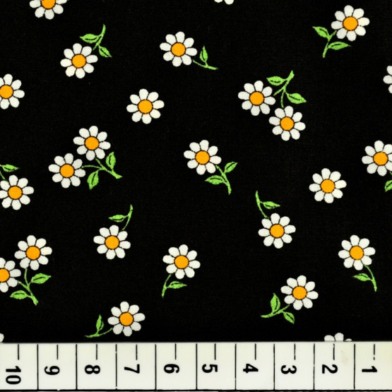 Tricoline estampa floral margaridas brancas fundo preto 100%algodão Largura150cm