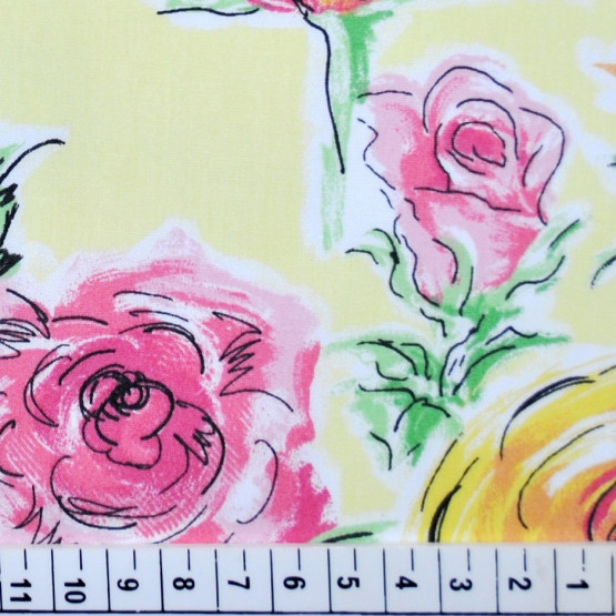 Tricoline estampada flores rosas e amarelas fundo amarelo 100%algodão