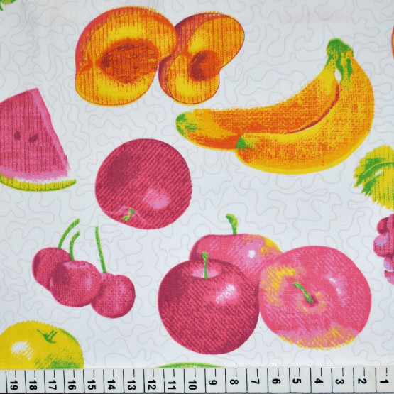 Tricoline estampada frutas rosas vermelhas amarelas fundo branco 100%algodão
