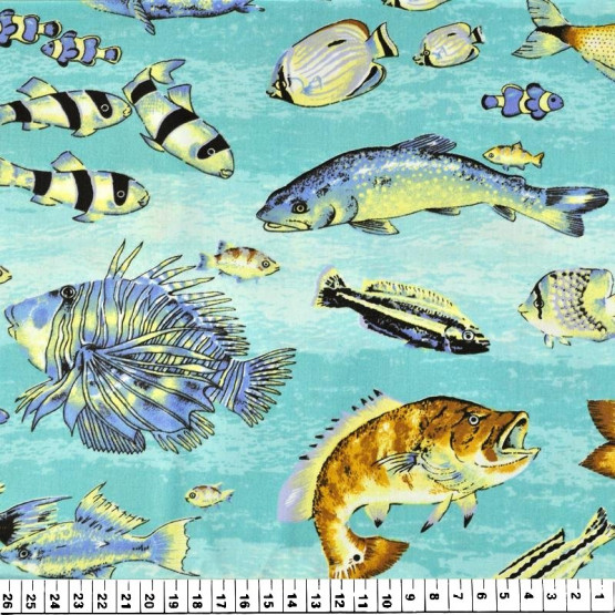 Tricoline estampada peixes fundo azul 100%algodão