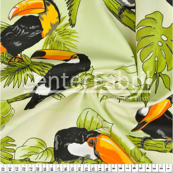Tecido Tricoline Estampado Tucano Fdo Vde CL Larg.150cm 100%Algodão. Conserv1-I/2-2/3-2/5-3/6-2