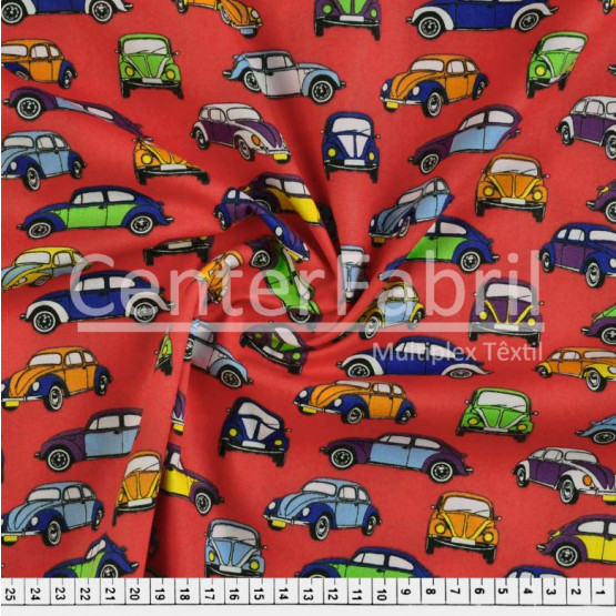 Tecido Tricoline Estampado Coleção Fusca Fdo Vermelho Largura 150cm 100%Algodão 