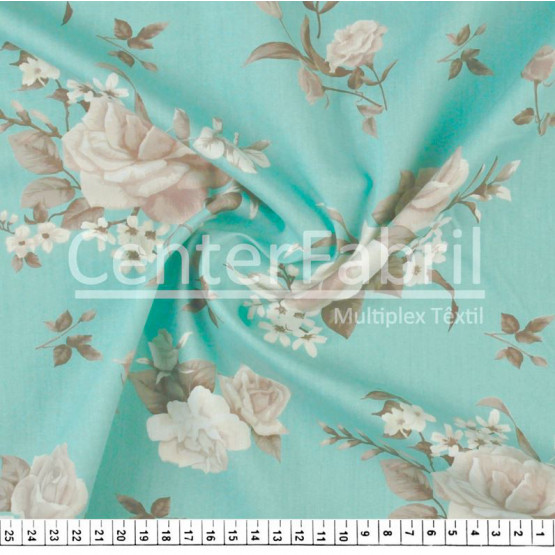 Tecido Tricoline Estampa Bouquet Rosa Bge Fdo Vde Larg.150cm 100%Algodão. Conserv1-I/2-2/3-2/5-3/6-2