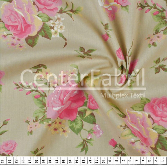 Tecido Tricoline Estampa Bouquet Rosa rosa Fdo Bge Larg.150cm 100%Algodão. Conserv1-I/2-2/3-2/5-3/6-2