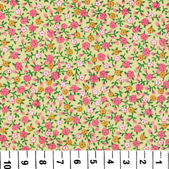 Tricoline estampada floral rosa fundo bege 100% algodão