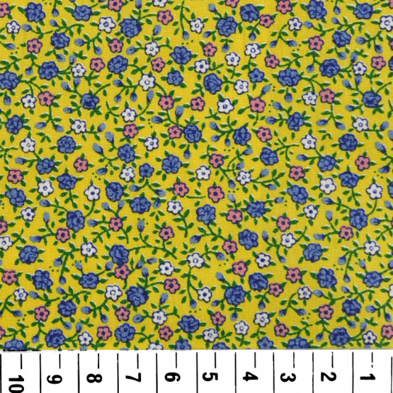 Tricoline estampada floral azul/rosa fundo amarelo 100% algodão