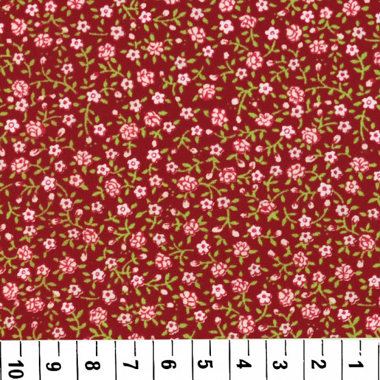 Tricoline estampada floral rosa fundo bordô (brick) 100% algodão