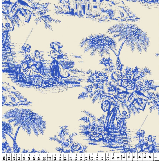 Tecido Toile de Jouy Azul Royal e fundo cru 100%algodão PRECO POR METRO