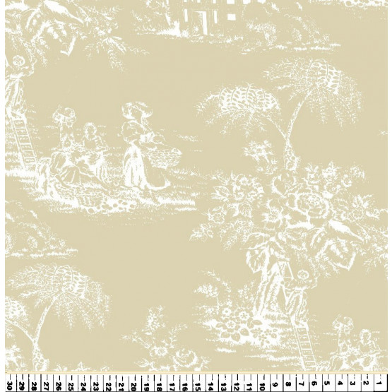 Tecido Toile de Jouy branco e fundo bege/cáqui 100%algodão PRECO POR METRO