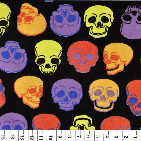 Tecido Bandana Cranio Cores fundo preto 100% algodão PRECO POR METRO