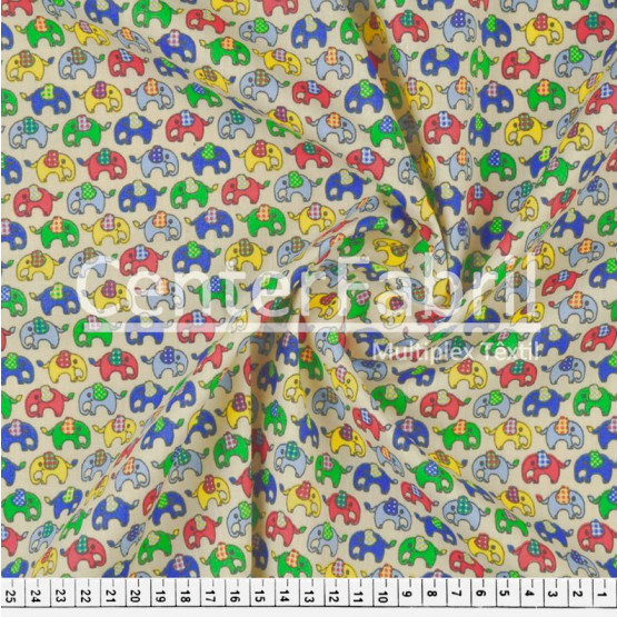 Tecido Tricoline Estampado Elefante Colorido Fdo Bege Larg.150cm 100%Algodão. Conserv1-I/2-2/3-2/5-3/6-2