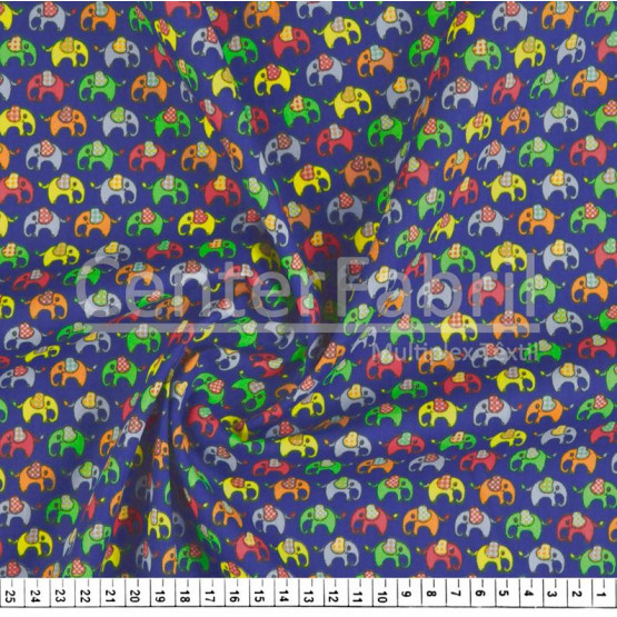 Tecido Tricoline Estampado Elefante Colorido Fdo Marinho Larg.150cm 100%Algodão. Conserv1-I/2-2/3-2/5-3/6-2