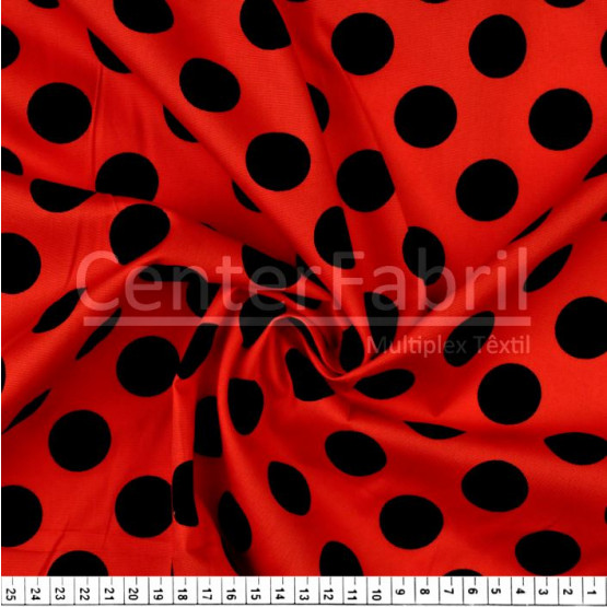 Tecido Tricoline Est Coleção Funny Dots -Bolas Pretas Fundo Vermelho Ladybug Larg.150cm 100%Algodão Conserv1-J/2-2/3-2/5-3/6-1