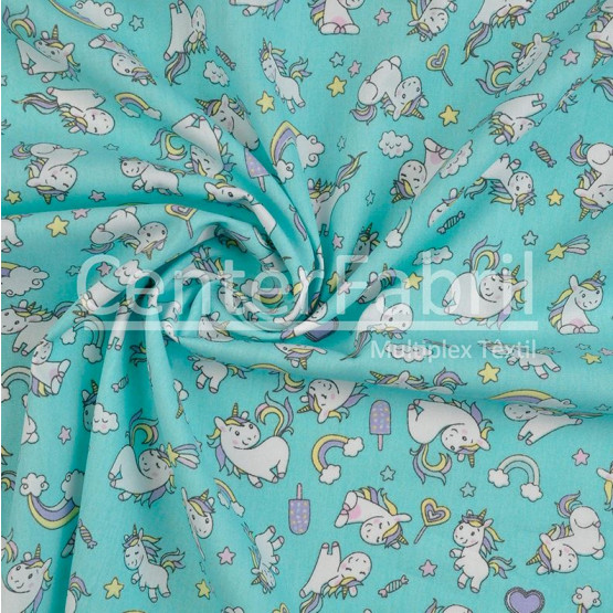 Tecido Tricoline Estampado Coleção Unicórnio Fdo Azul Larg.150cm 100%Algodão. Conserv1-I/2-2/3-2/5-3/6-2