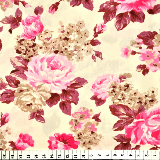 Tricoline estampada floral rosa 100% algodão
