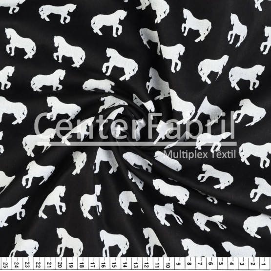 Tricoline estampa Cavalos Branco Fundo Preto Larg 148cm 100% algodão. Conserv1-I/2-2/3-2/5-3/6-2