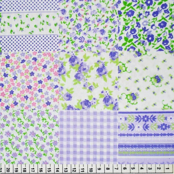 Tricoline estampa Patchwork em floral lilas 100% algodão