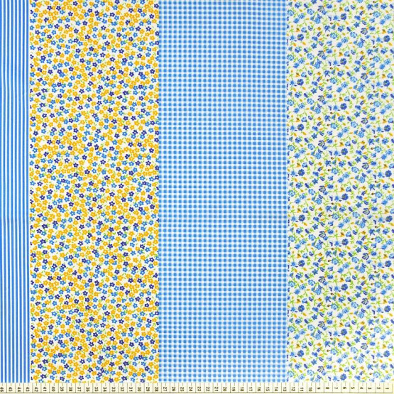 Tricoline estampada Barrada faixas em floral azul 100% algodão