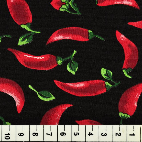 Tricoline estampada Pimentas Fundo Preto 100% algodão 