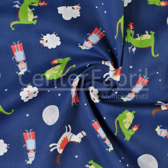 Tricoline Estampado Coleção Piv-Cat  Dragão Fdo Marinho Larg.150cm 100%Algodão. Conserv1-I/2-2/3-2/5-3/6-2