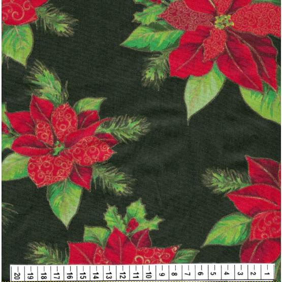 Tecido Tricoline Natal Flores - Bico de Papagaio - Fundo Verde Lg.150cm 100%algodão Preço por Metro