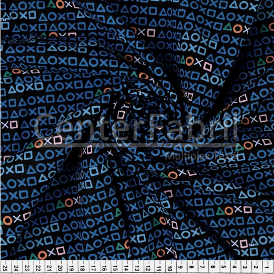 Tricoline Estampado Coleção Playstation -Symbols fdo Preto Larg.147cm 100%Algodão