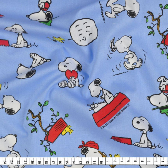 Tricoline Estampado Coleção Snoopy-Woodstock Fd Azul Larg.150cm 100%Algodão Conserv1-J/2-2/3-2/5-3/6-1