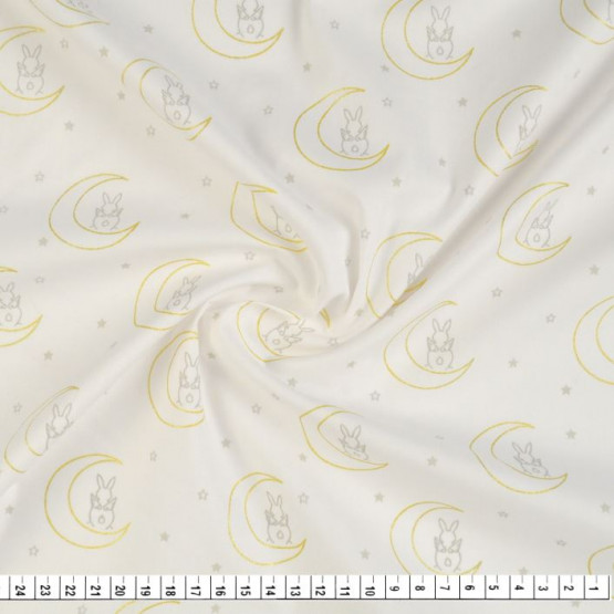 Tecido Tricoline Estampado Coleção Coelhos -Lua Dourado Fundo Branco- Larg150cm 100%Algodão. Conserv1-I/2-2/3-2/5-3/6-2