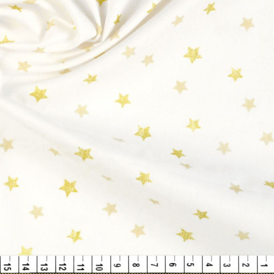 Tecido Tricoline Estampado Coleção Coelhos -Estrelinha Maior Dourada Fundo Branco- Larg150cm 100%Algodão. Conserv1-I/2-2/3-2/5-3/6-2