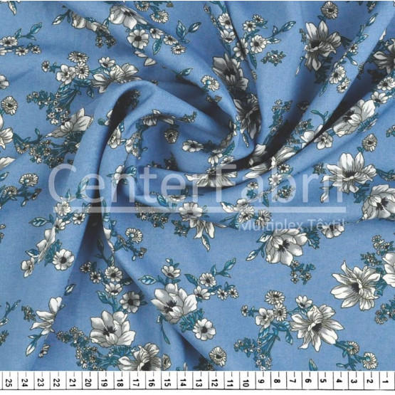 Tecido Viscose Estampada Floral Fundo Azul Larg 140cm 100%Viscose. 121gr/m² Conserv1-H/2-2/3-3/5-3/6-1