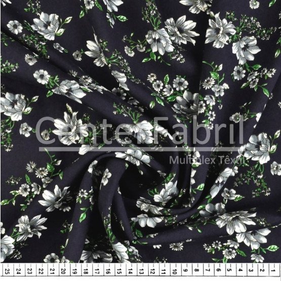 Tecido Viscose Estampada Floral Fundo Azul Marinho Larg 140cm 100%Viscose. 121gr/m² Conserv1-H/2-2/3-3/5-3/6-1