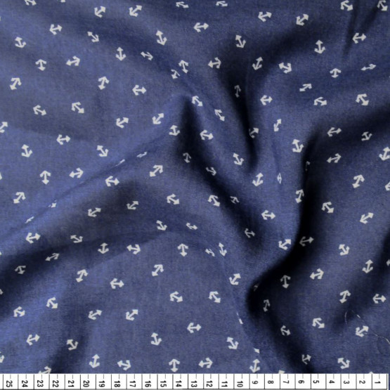 Tecido Viscose Denim Leve Estampa Âncora Bco Fdo Marinho Larg.145cm 100%Viscose 90gr/m2