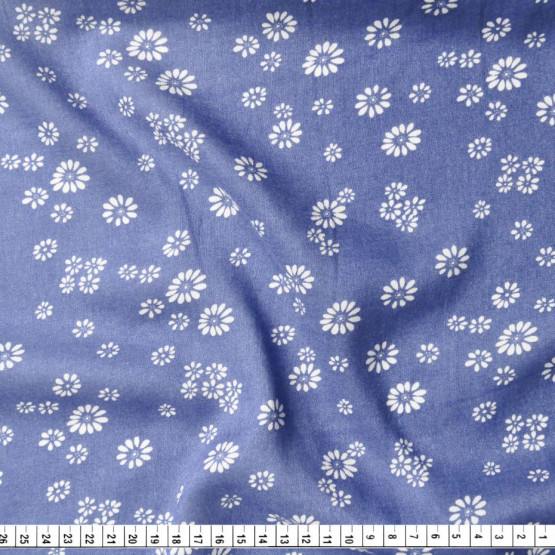 Tecido Viscose Denim Leve Estampa Flores Bcas Fdo Azul Larg.145cm 100%Viscose 90gr/m2
