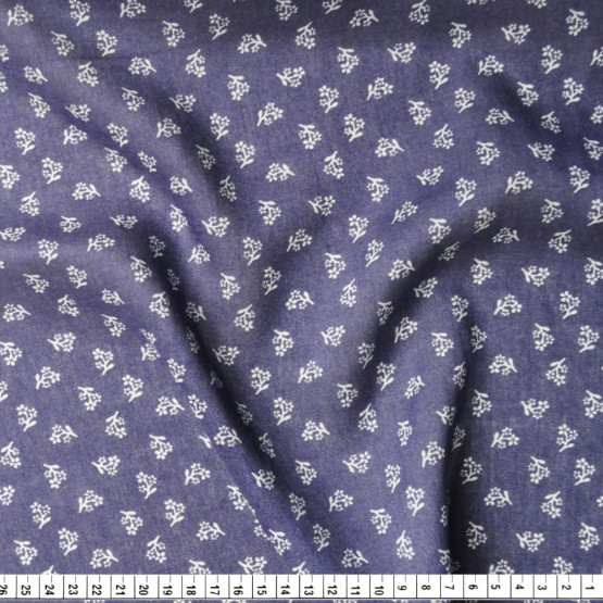 Tecido Viscose Denim Leve Estampa Ramo Flores Miudas Bcas Larg.145cm 100%Viscose 90gr/m2