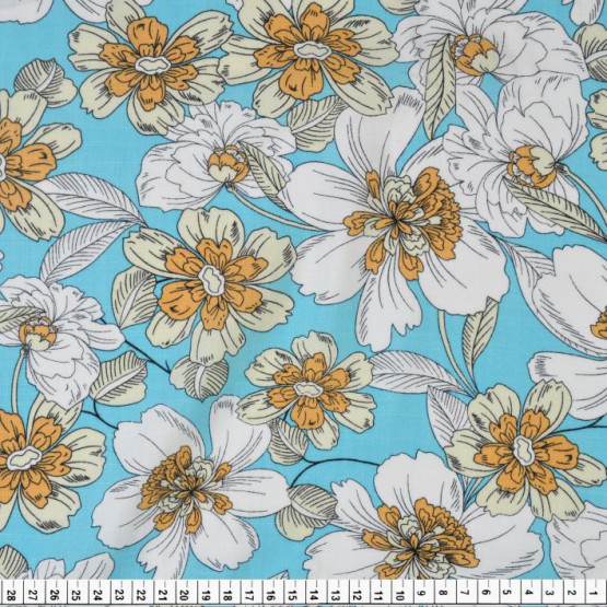 Tecido Viscose Flamê Estampa Floral Fundo Turquesa Larg.140cm 100%Viscose 136gr/m2  des01cor720
