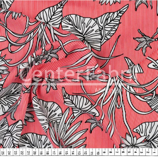 Tecido Viscose Listrado Vermelho Floral Larg.140cm 100%Viscose 106gr/m². Conserv1-N/2-2/3-2/4-3/6-1