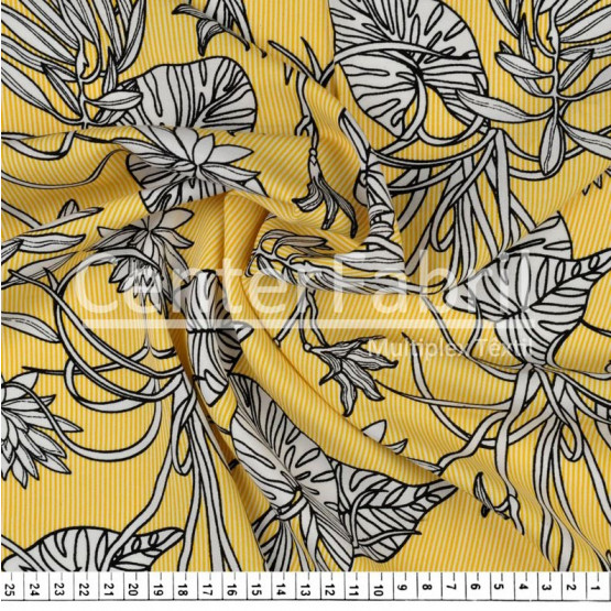 Tecido Viscose Listrado Amarelo Floral Larg.140cm 100%Viscose 106gr/m². Conserv1-N/2-2/3-2/4-3/6-1
