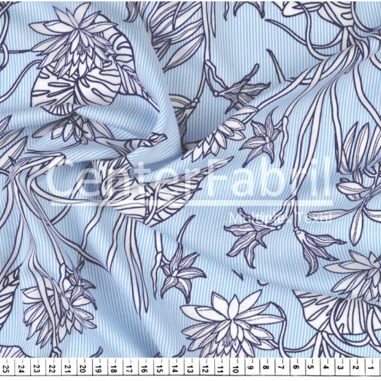 Tecido Viscose Listrado Azul Floral Larg.140cm 100%Viscose 106gr/m². Conserv1-N/2-2/3-2/4-3/6-1