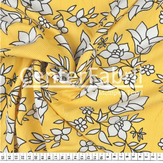 Tecido Viscose Listrado Amarelo Floral Larg.140cm 100%Viscose 106gr/m². Conserv1-N/2-2/3-2/4-3/6-1