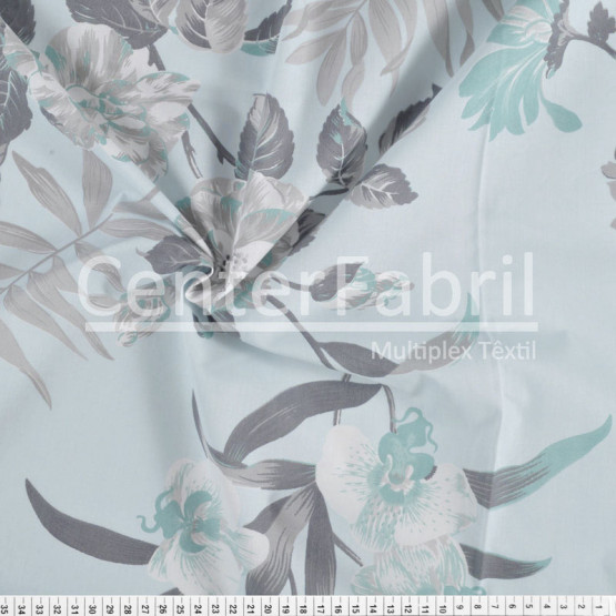 Tecido Percal 200 Fios Estampa Floral Fdo Azul Claro Larg 250cm 100%Algodão des2449
