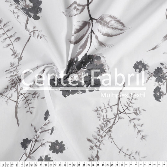 Tecido Percal 200 Fios Estampa Floral Cinza e Bege Fdo Bco Larg 250cm 100%Algodão des2451