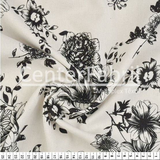 Tecido Linho Leve Estampado Floral Preto Fdo Cru Largura 140cm 70%Viscose 30%Linho 187gr/m2