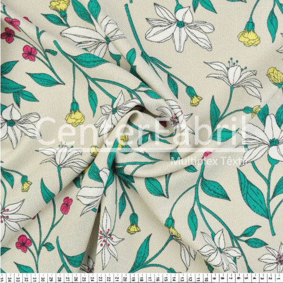 Tecido Rústico Estampado Floral Fdo Bege Largura 147cm 100%Poliester 168gr/m2