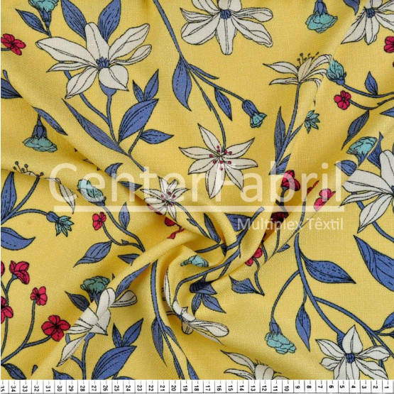 Tecido Rústico Estampado Floral Fdo Amarelo Largura 147cm 100%Poliester 168gr/m2