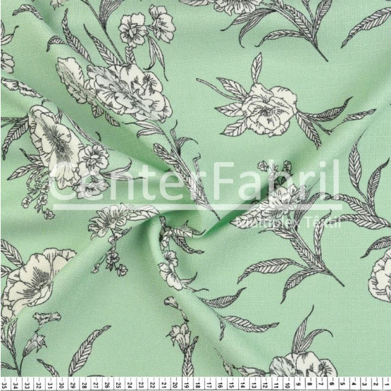 Tecido Rústico Estampado Floral Fdo Verde  Largura 147cm 100%Poliester 168gr/m2