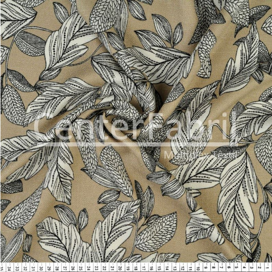 Tecido Rústico Estampado Flolhasl Fdo Bege Largura 147cm 100%Poliester 168gr/m2