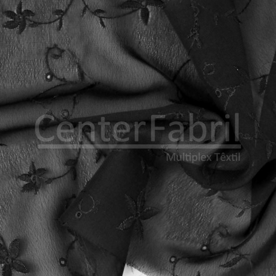 Tecido Chiffon Bordado Preto Largura 150cm 100%Poliester 
