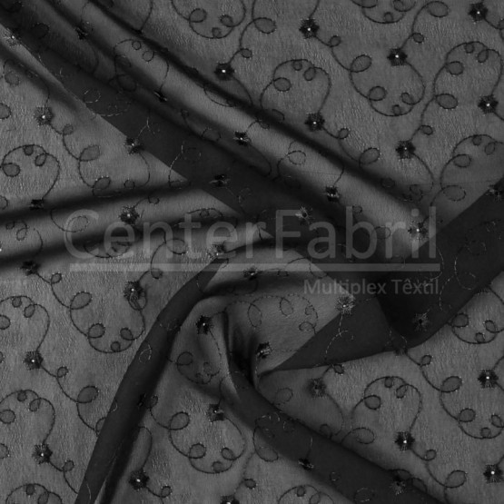 Tecido Chiffon Bordado Preto Largura 150cm 100%Poliester 