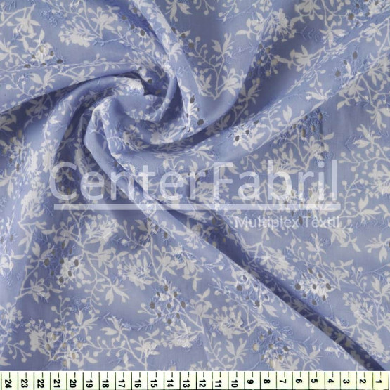 Tecido Laise Estampada Floral Branco Fdo Azul Larg.130cm  100%Algodão 95gr/m² 